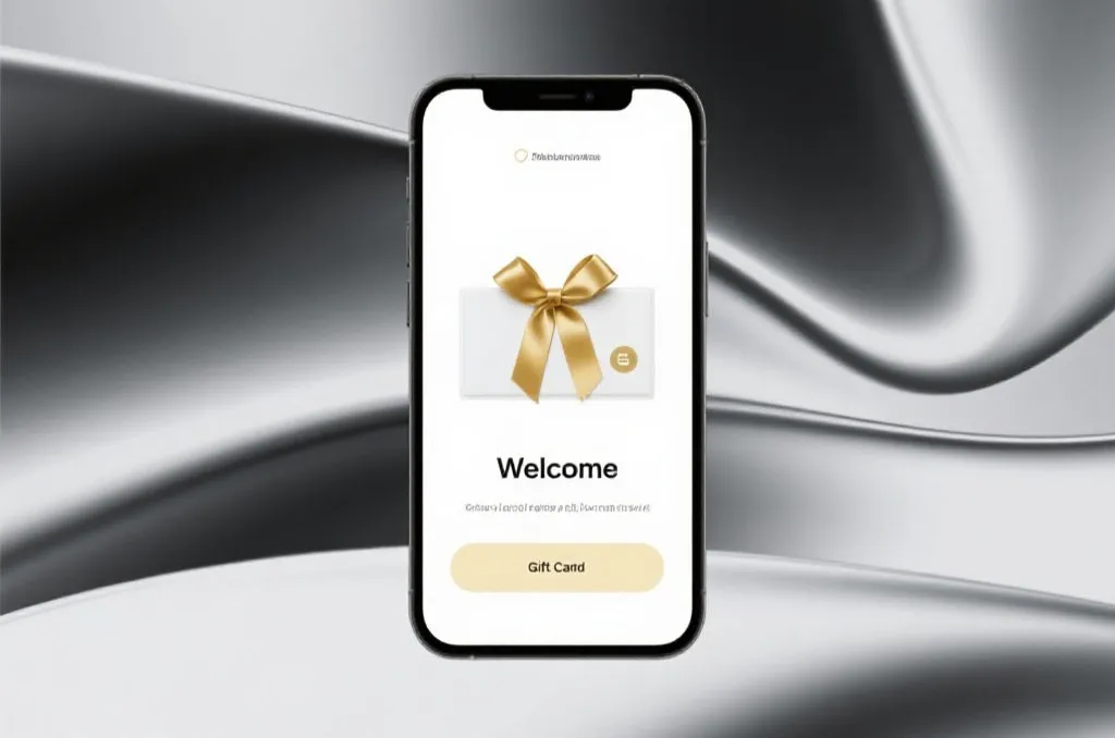 a clean modern mobile screen showing a welcome gift card with a gold ribbon on a sleek abstract background